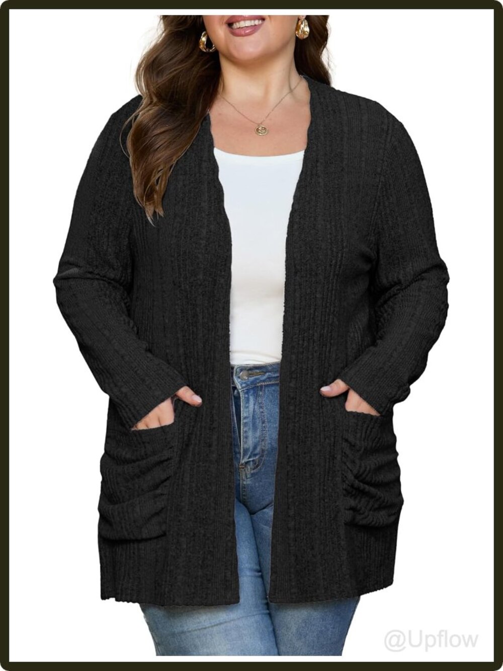 Women's Plus Size Open Front Cardigan Ribbed Knit Sweater Long Sleeve Fall